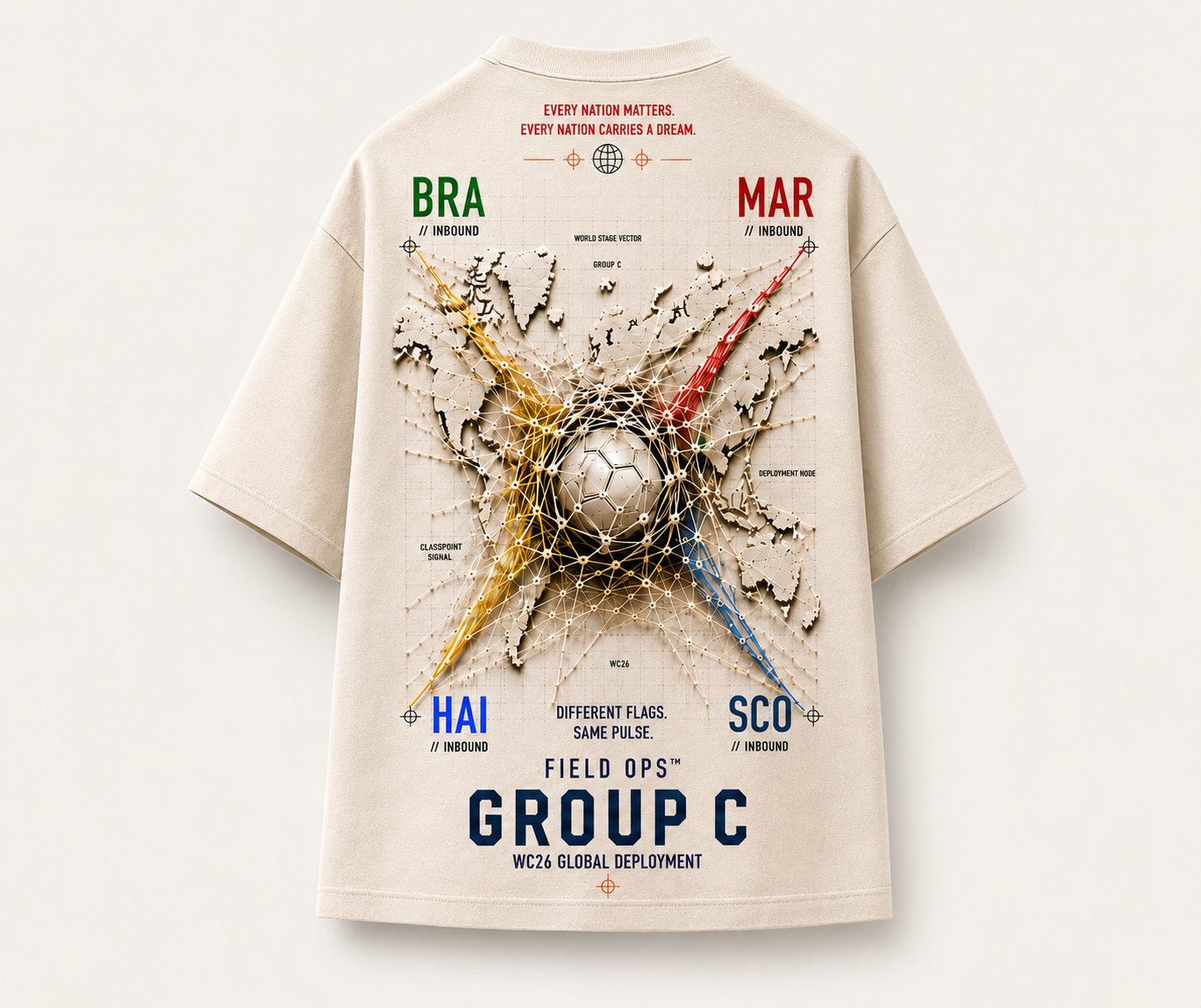 Group C Dossier Tee, back network graphic.