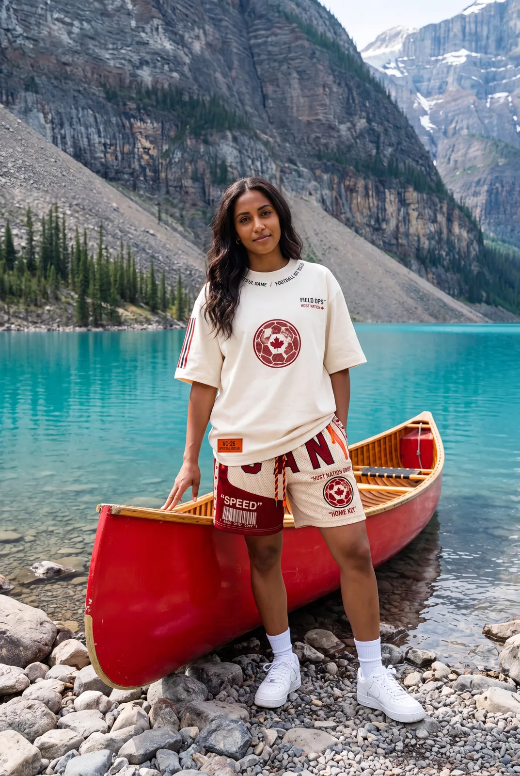 Tee and shorts at a glacial lake.