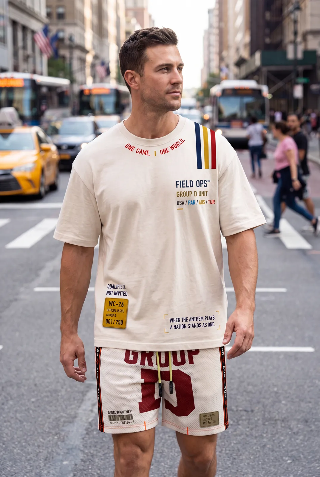 Tee and shorts on a crosswalk.