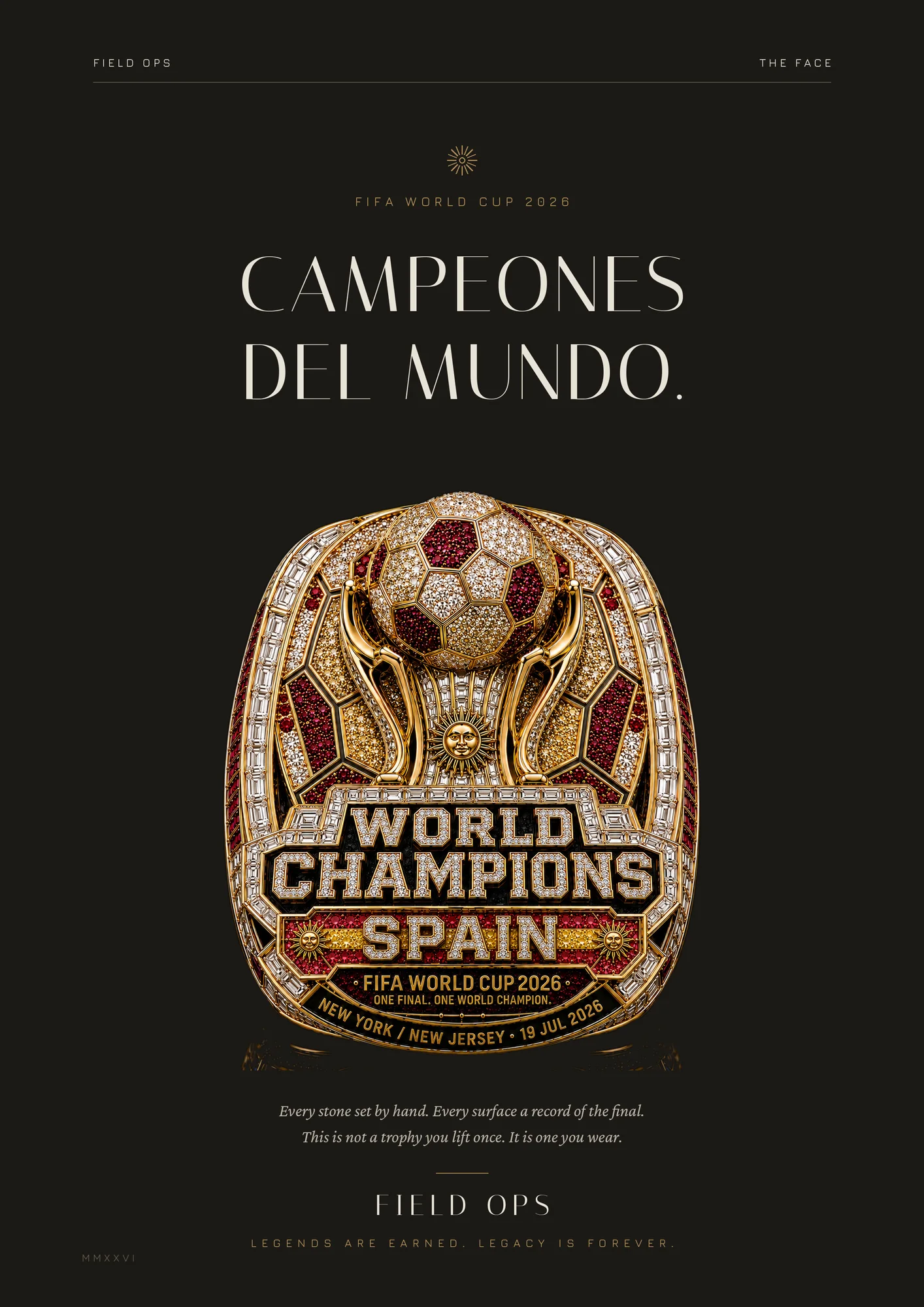 The Championship Ring face: Campeones del Mundo, España 2026.
