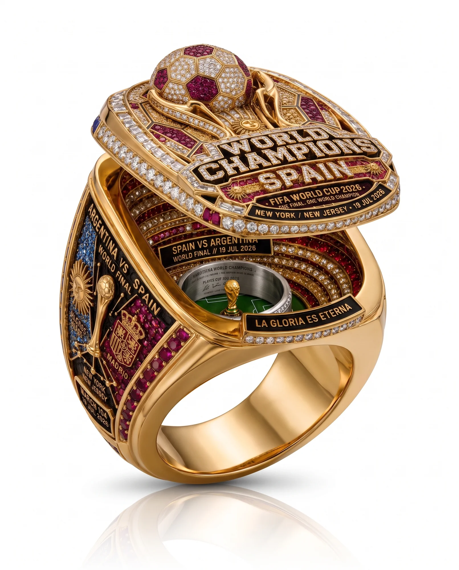 The Championship Ring open: the face-lid raised, the miniature stadium and titanium band inside.