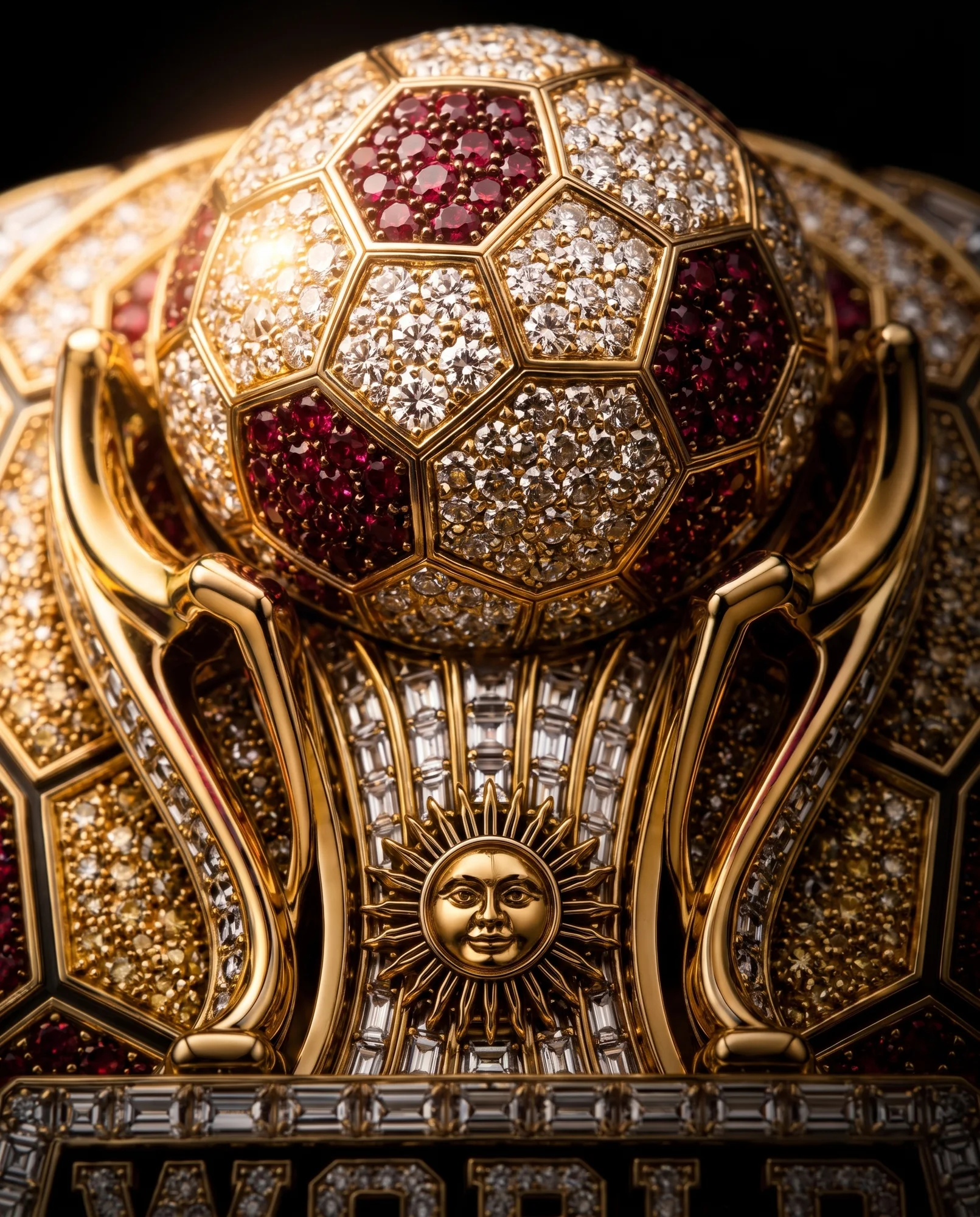 Extreme macro of the pave football crest held by the trophy arms.