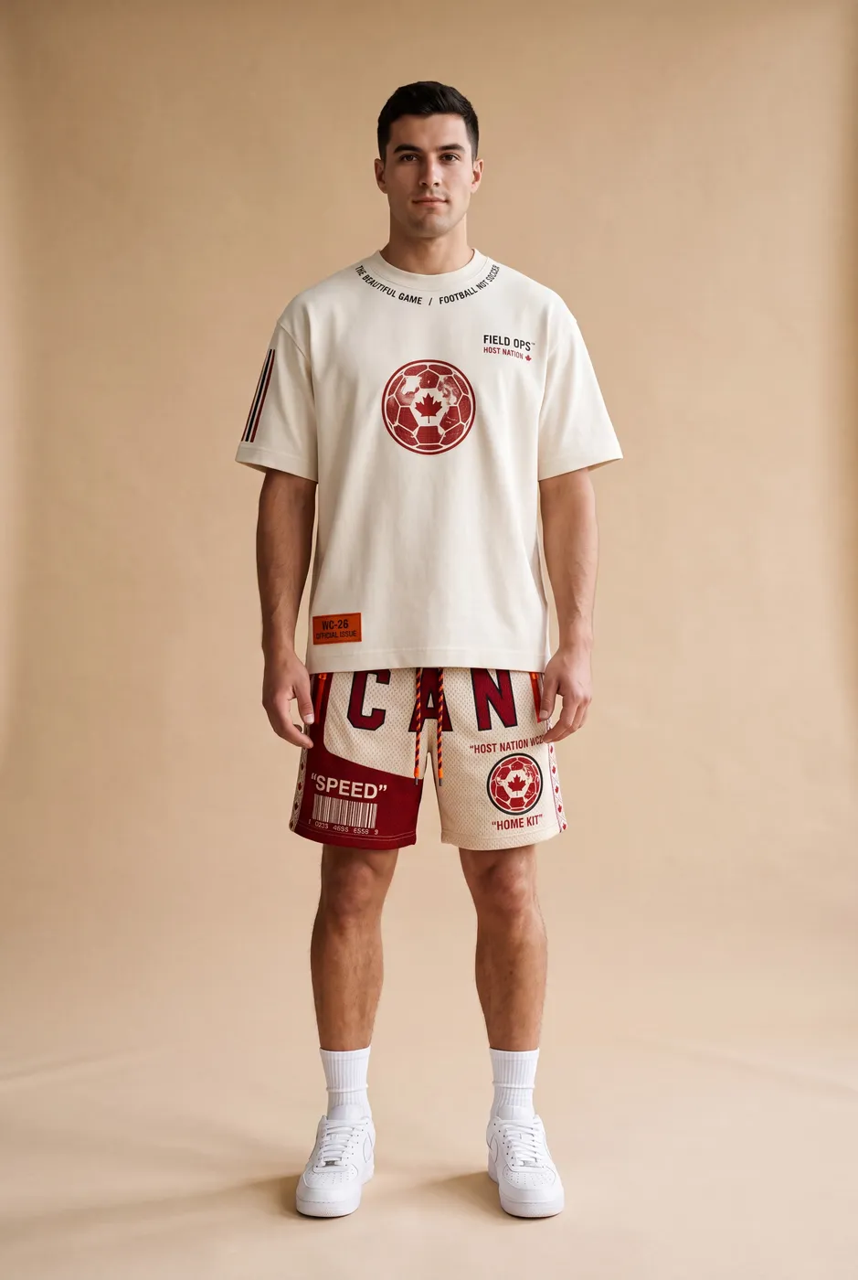 Host Nation Canada tee and shorts worn on model, studio front.