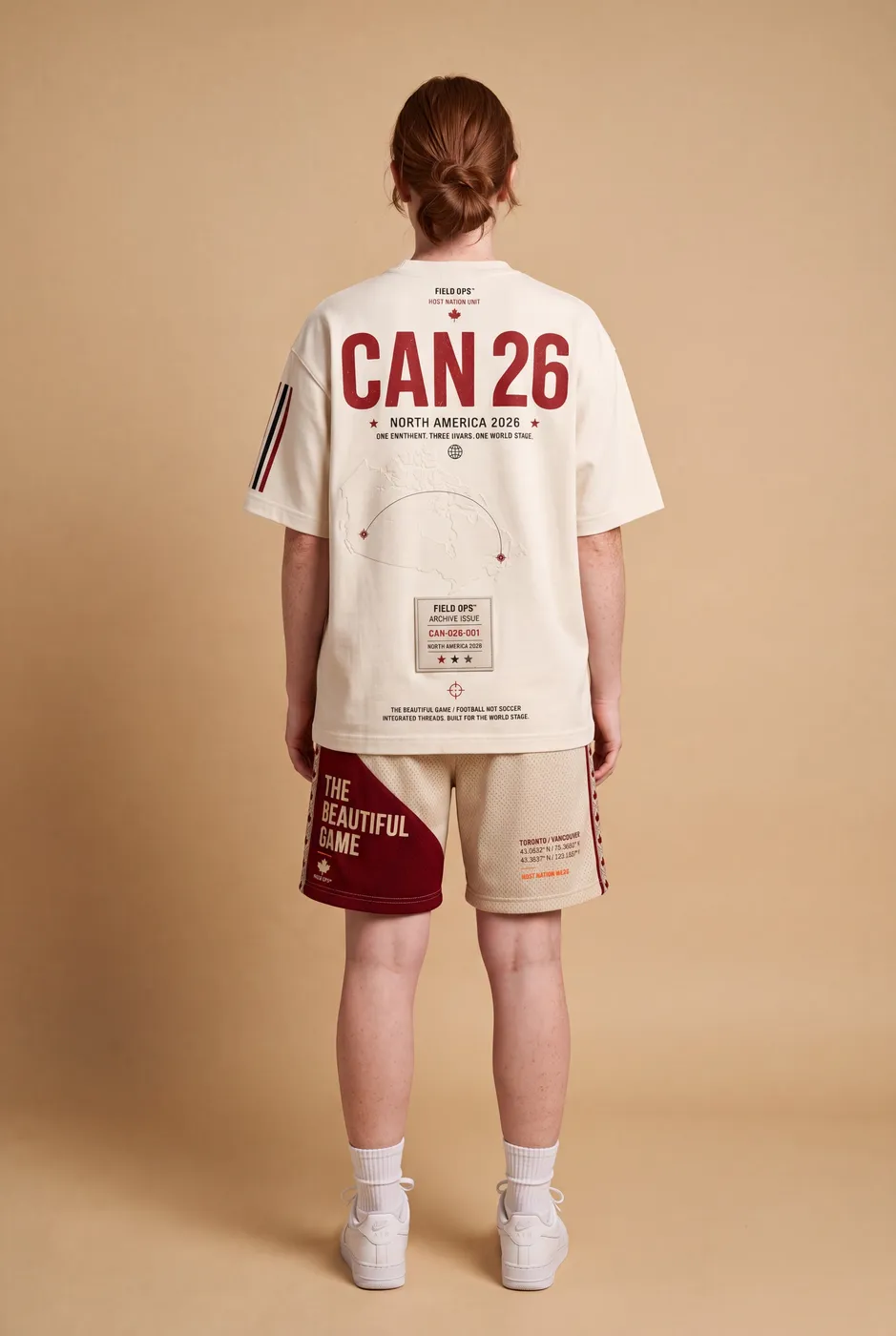 Host Nation Canada tee worn on model, studio back.