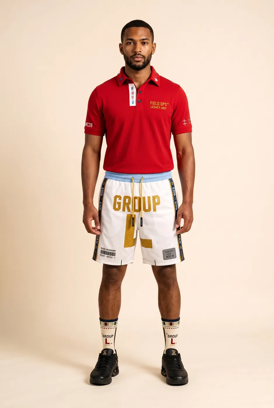 Group L polo worn on model, studio front.
