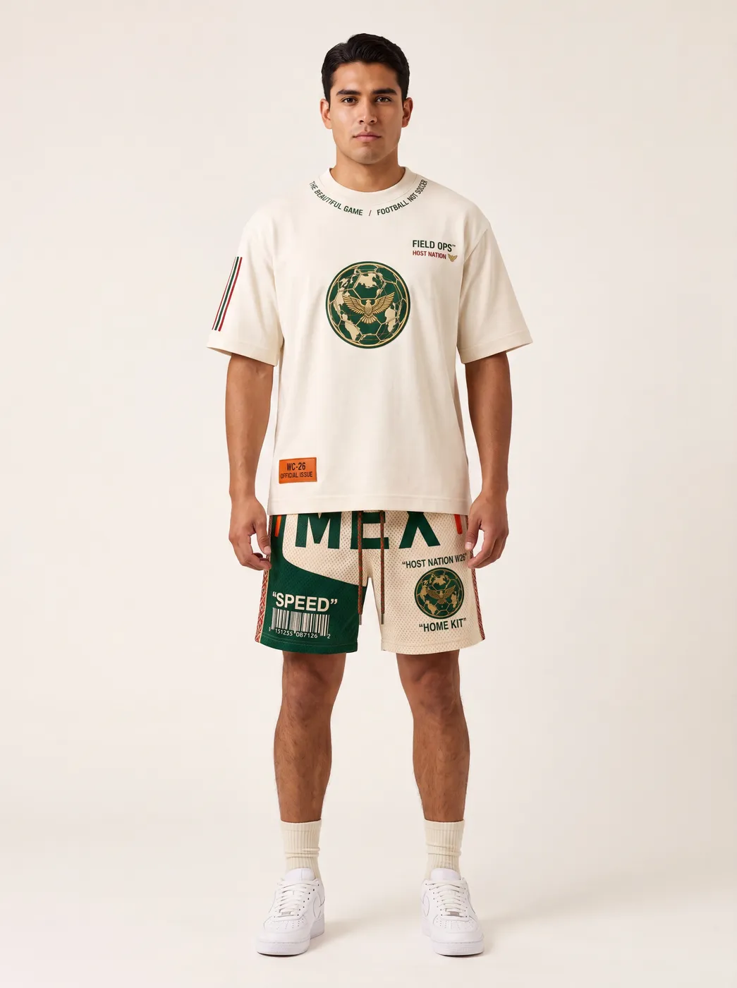 Host Nation Mexico tee and shorts worn on model, studio front.