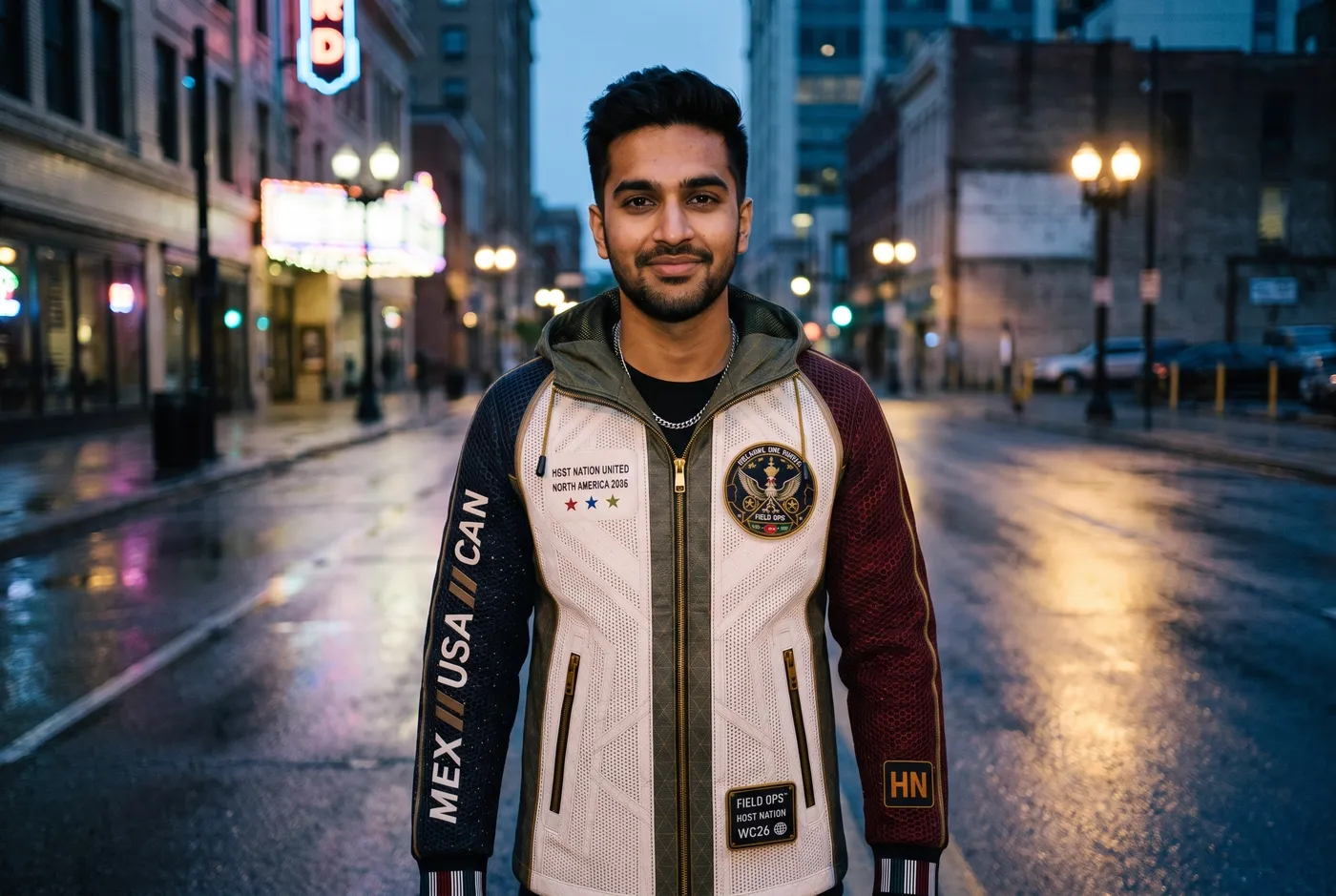 Host Nation Jacket worn on a wet street at night.