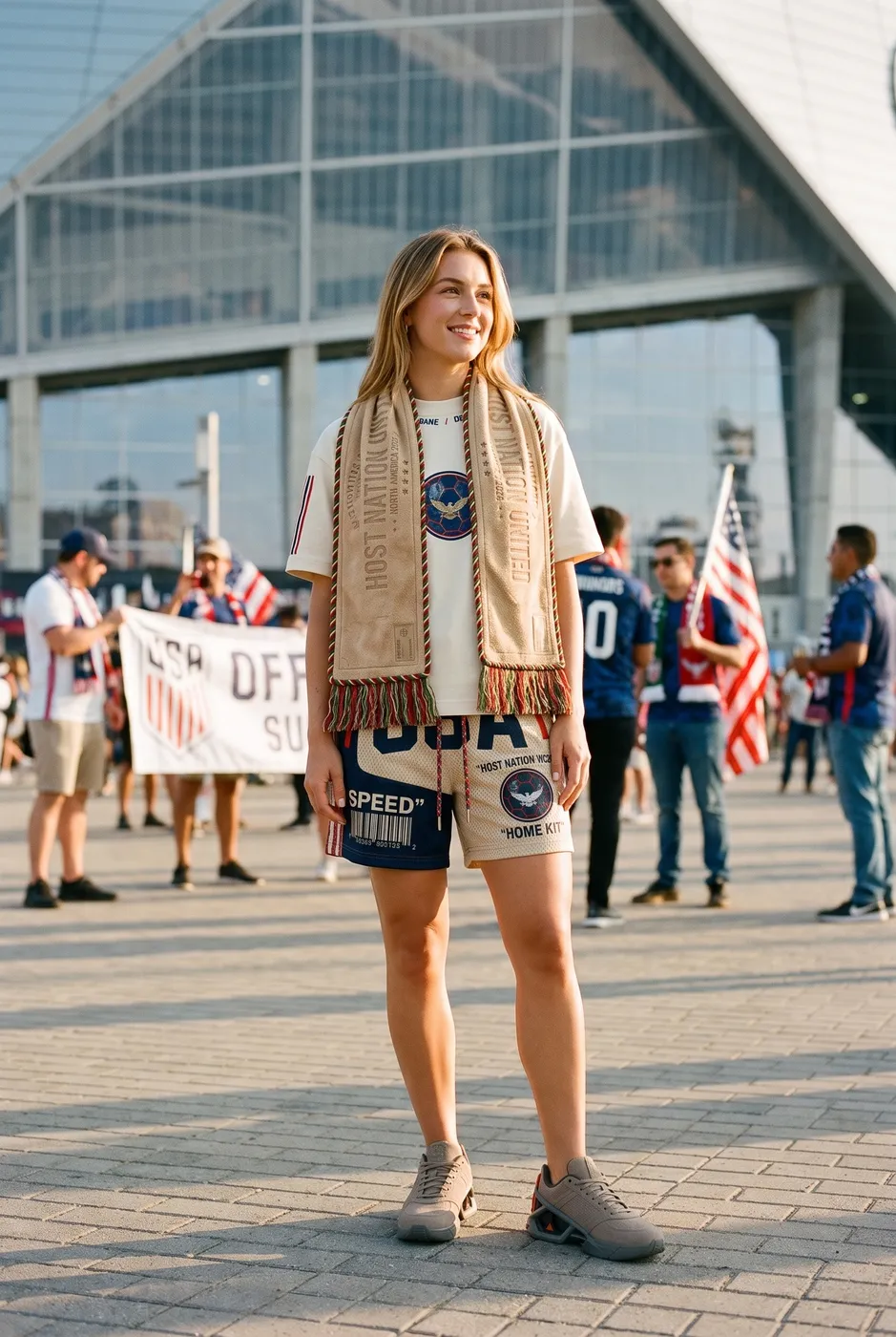 Host Nation scarf draped in a plaza.