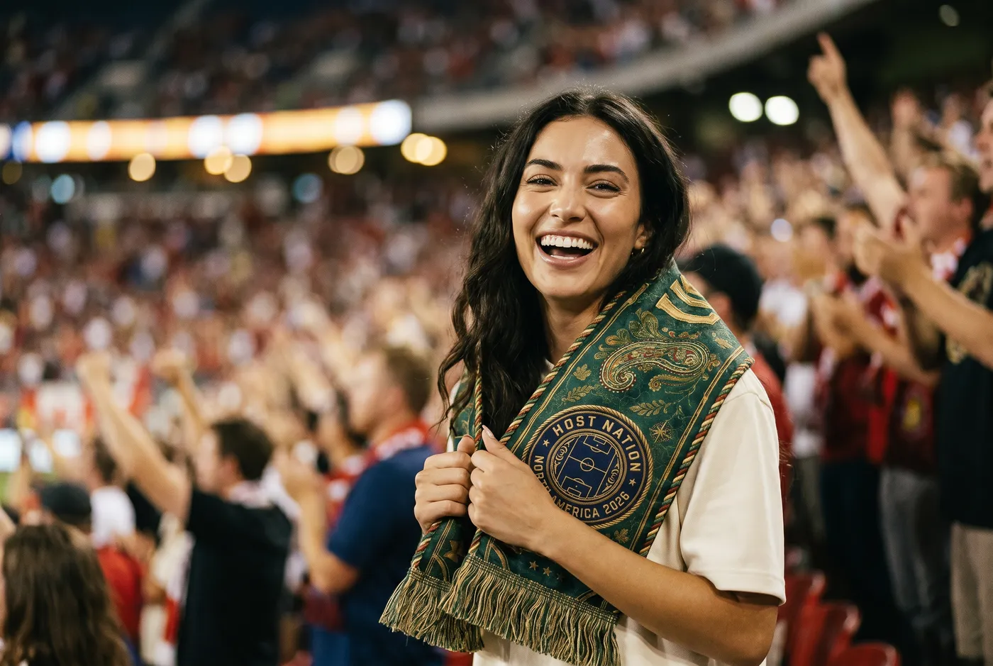 Host Nation scarf, broadcast portrait.