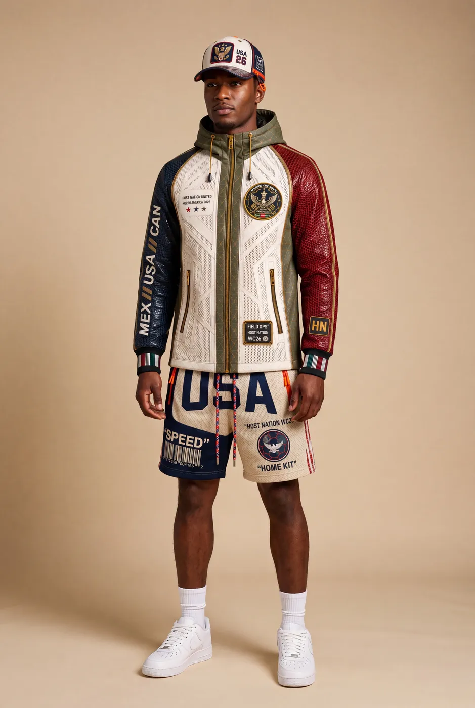 Host Nation USA hat worn with the jacket, three quarter view.