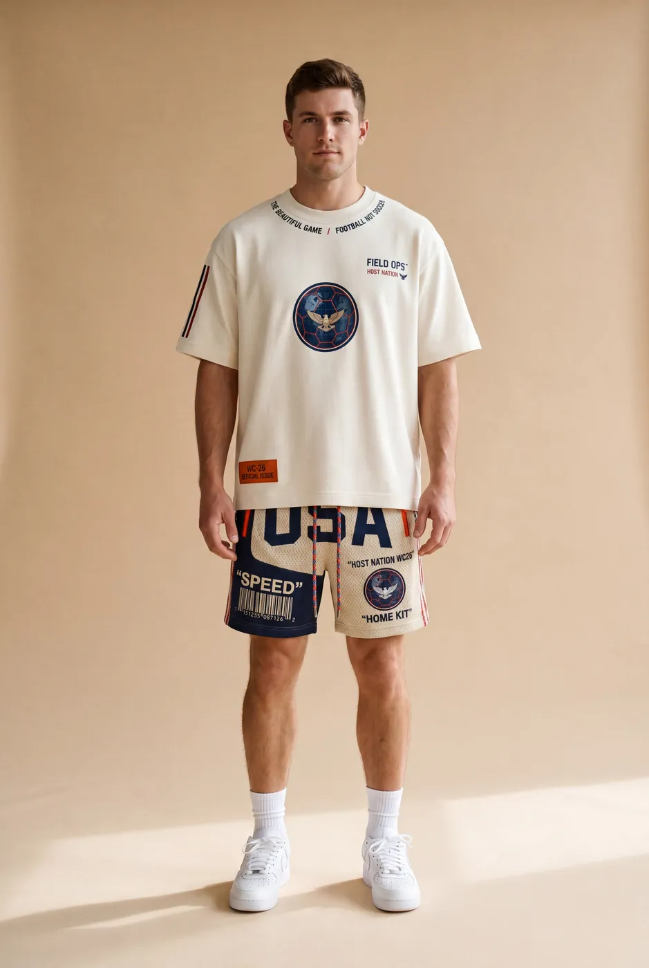 Host Nation USA tee and shorts worn on model, studio front.