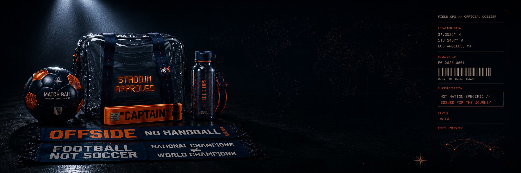 FIELD OPS equipment issue. Stadium approved bag, match ball, field bottle, and supporter scarves.